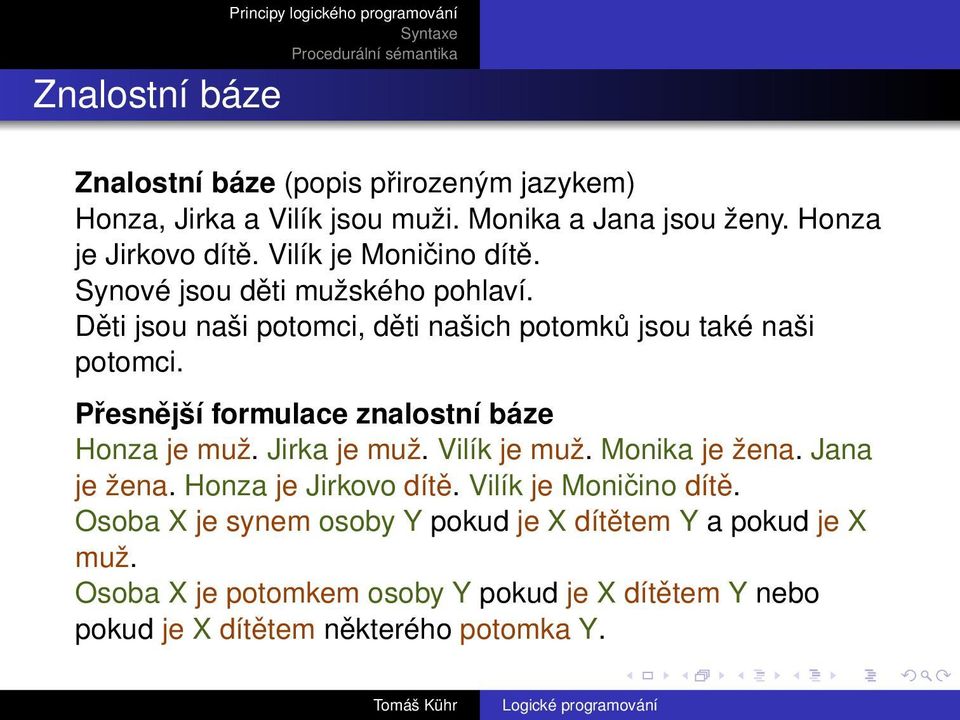 Přesnější formulace znalostní báze Honza je muž. Jirka je muž. Vilík je muž. Monika je žena. Jana je žena. Honza je Jirkovo dítě.