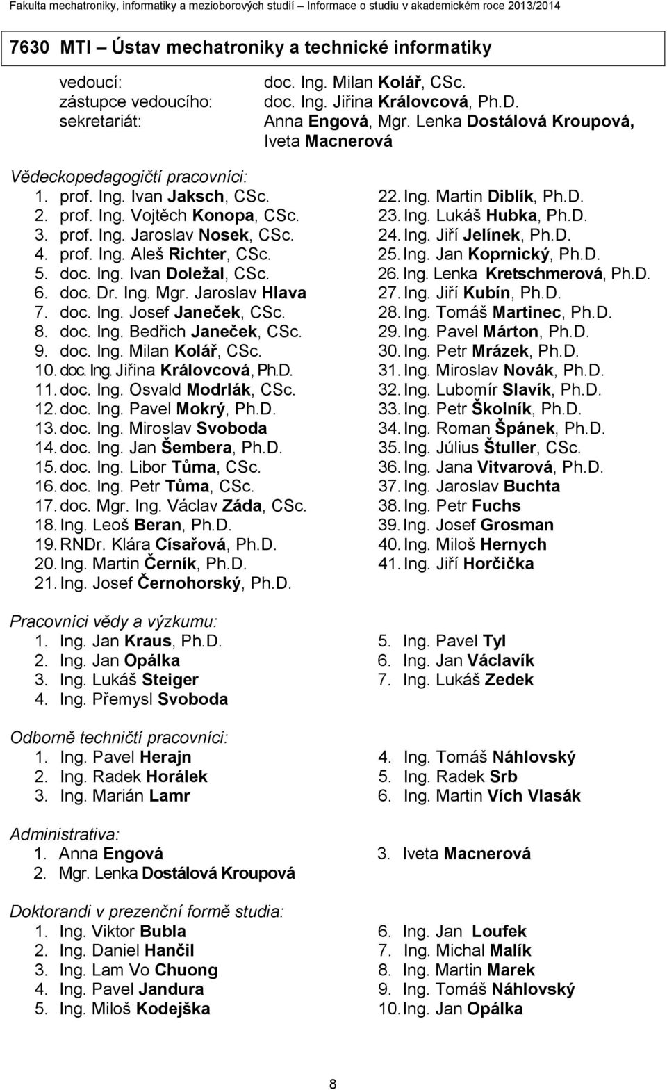 5. doc. Ing. Ivan Doležal, CSc. 6. doc. Dr. Ing. Mgr. Jaroslav Hlava 7. doc. Ing. Josef Janeček, CSc. 8. doc. Ing. Bedřich Janeček, CSc. 9. doc. Ing. Milan Kolář, CSc. 10. doc. Ing. Jiřina Královcová, Ph.