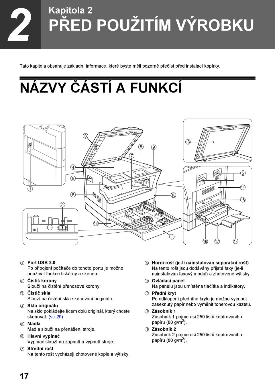 8 Horní rošt (je-li nainstalován separační rošt) Na tento rošt jsou dodávány přijaté faxy (je-li nainstalován faxový modul) a zhotovené výtisky. Čistič korony Slouží na čistění přenosové korony.