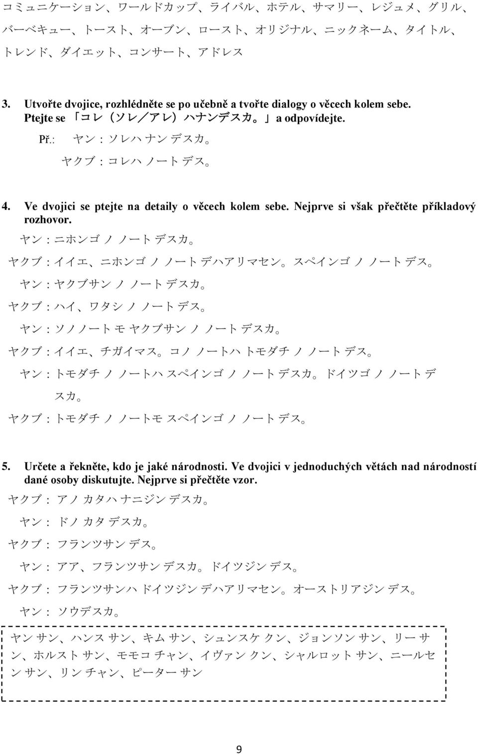 ヤン:ニホンゴ ノ ノート デスカ ヤクブ:イイエ ニホンゴ ノ ノート デハアリマセン スペインゴ ノ ノート デス ヤン:ヤクブサン ノ ノート デスカ ヤクブ:ハイ ワタシ ノ ノート デス ヤン:ソノノート モ ヤクブサン ノ ノート デスカ ヤクブ:イイエ チガイマス コノ ノートハ トモダチ ノ ノート デス ヤン:トモダチ ノ ノートハ スペインゴ ノ ノート デスカ ドイツゴ ノ