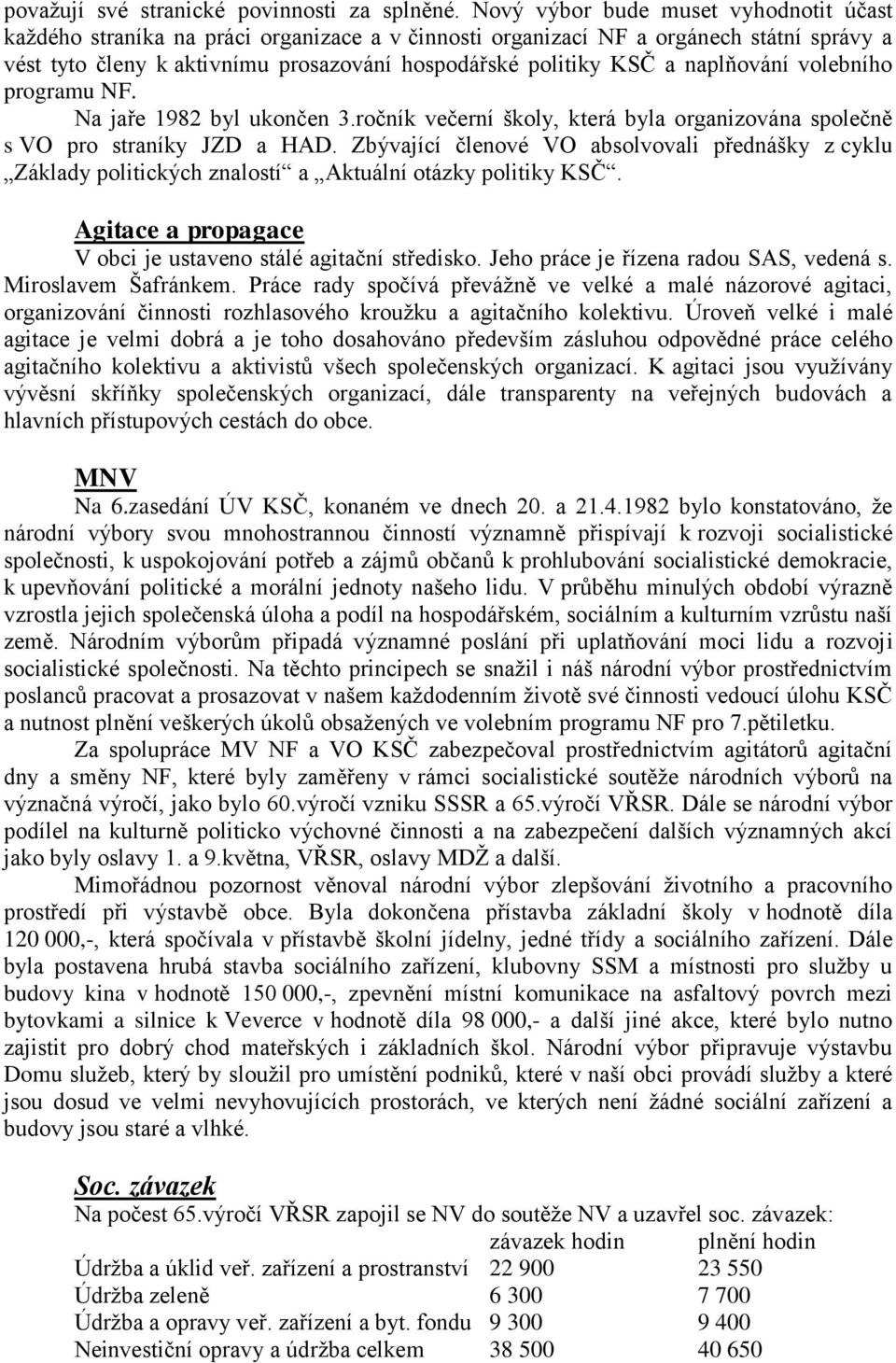 naplňování volebního programu NF. Na jaře 1982 byl ukončen 3.ročník večerní školy, která byla organizována společně s VO pro straníky JZD a HAD.