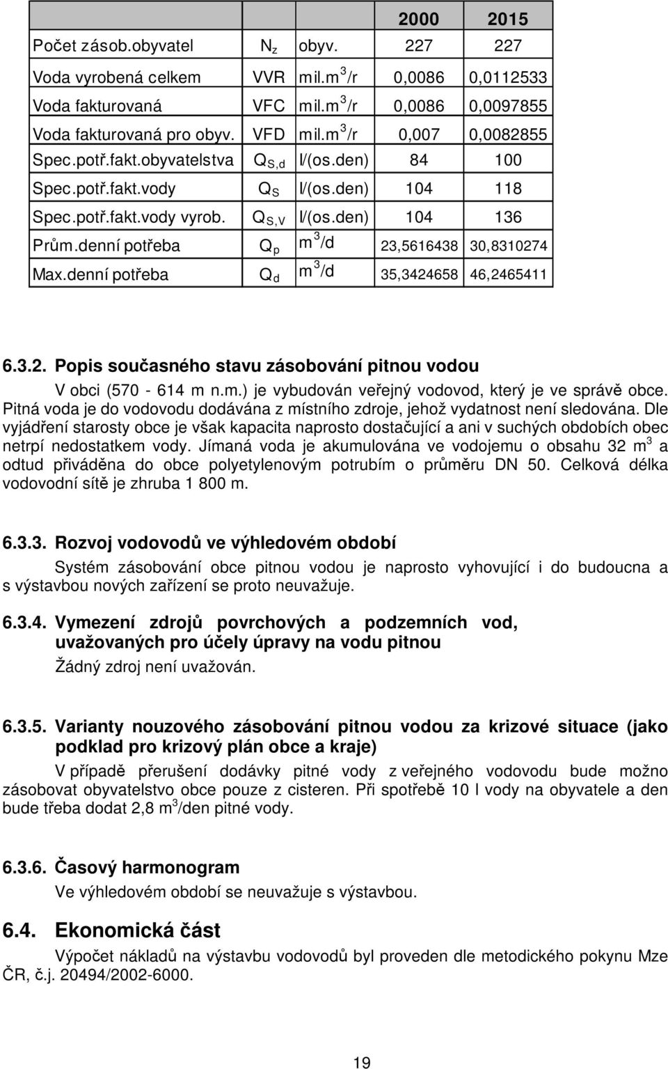 denní potřeba Q p m 3 /d 23,5616438 30,8310274 Max.denní potřeba Q d m 3 /d 35,3424658 46,2465411 6.3.2. Popis současného stavu zásobování pitnou vodou V obci (570-614 m n.m.) je vybudován veřejný vodovod, který je ve správě obce.