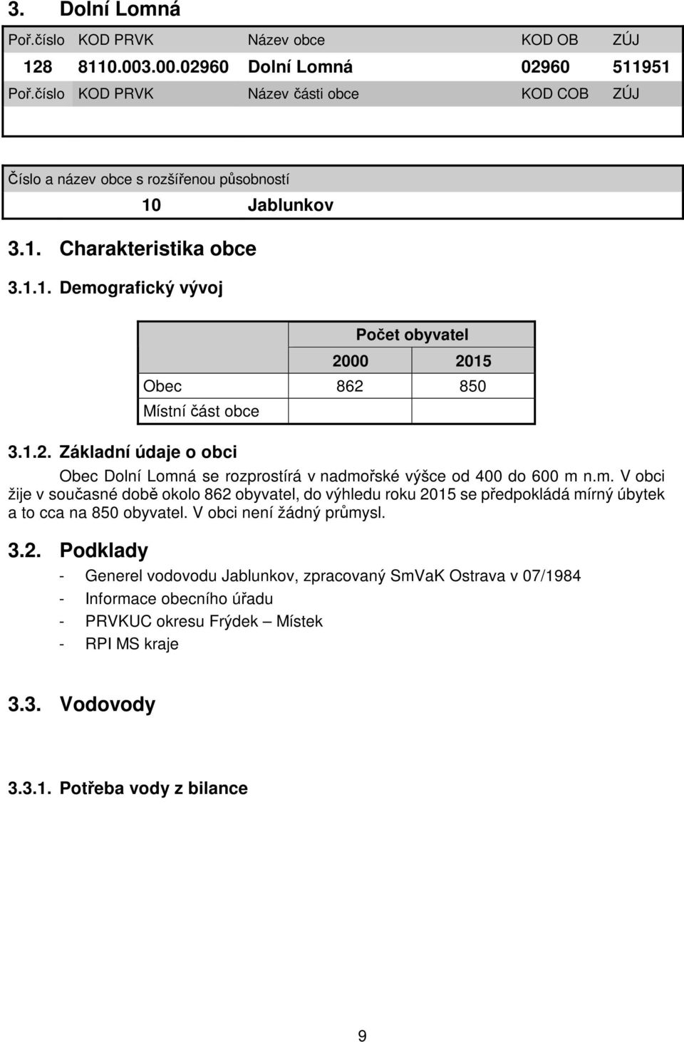 1.2. Základní údaje o obci Obec Dolní Lomná se rozprostírá v nadmořské výšce od 400 do 600 m n.m. V obci žije v současné době okolo 862 obyvatel, do výhledu roku 2015 se předpokládá mírný úbytek a to cca na 850 obyvatel.