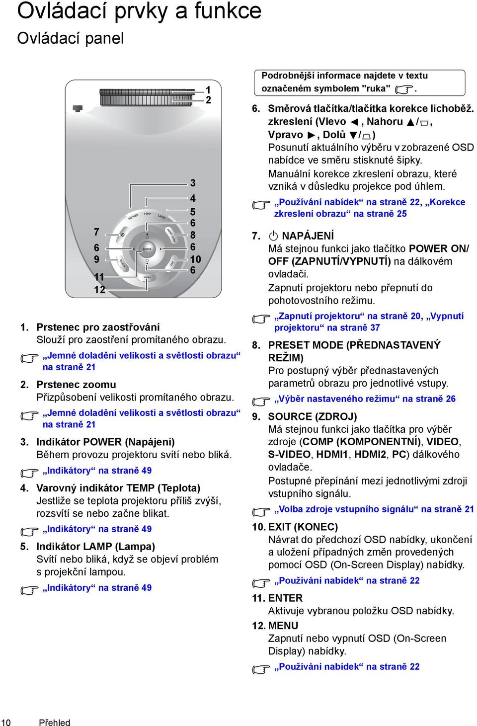 Indikátory na straně 49 4. Varovný indikátor TEMP (Teplota) Jestliže se teplota projektoru příliš zvýší, rozsvítí se nebo začne blikat. Indikátory na straně 49 5.