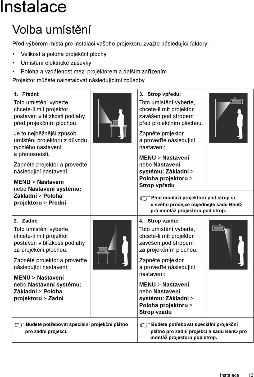 Je to nejběžnější způsob umístění projektoru z důvodu rychlého nastavení apřenosnosti.