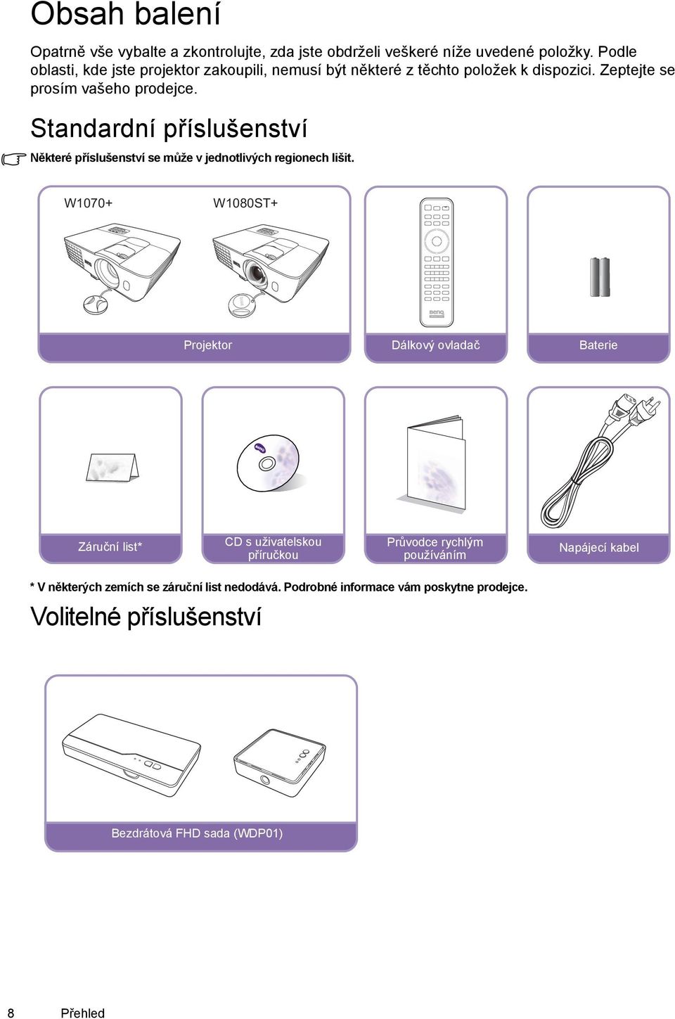 Standardní příslušenství Některé příslušenství se může v jednotlivých regionech lišit.