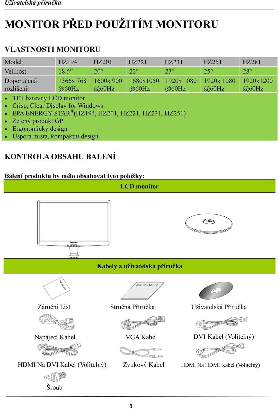 (HZ194, HZ201, HZ221, HZ231, HZ251) Zelený produkt GP Ergonomický design Úspora místa, kompaktní design KONTROLA OBSAHU BALENÍ 1920x 1080 @60Hz 1920x1200 @60Hz Balení produktu by