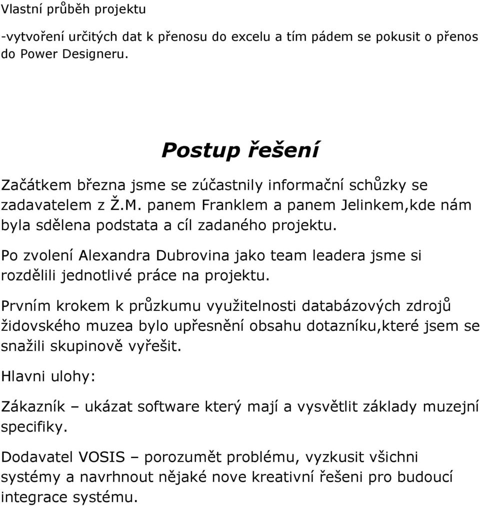 Po zvolení Alexandra Dubrovina jako team leadera jsme si rozdělili jednotlivé práce na projektu.