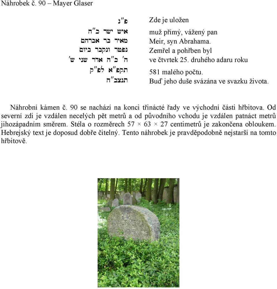 Zemřel a pohřben byl ve čtvrtek 25. druhého adaru roku 581 malého počtu. Buď jeho duše svázána ve svazku života. Náhrobní kámen č.