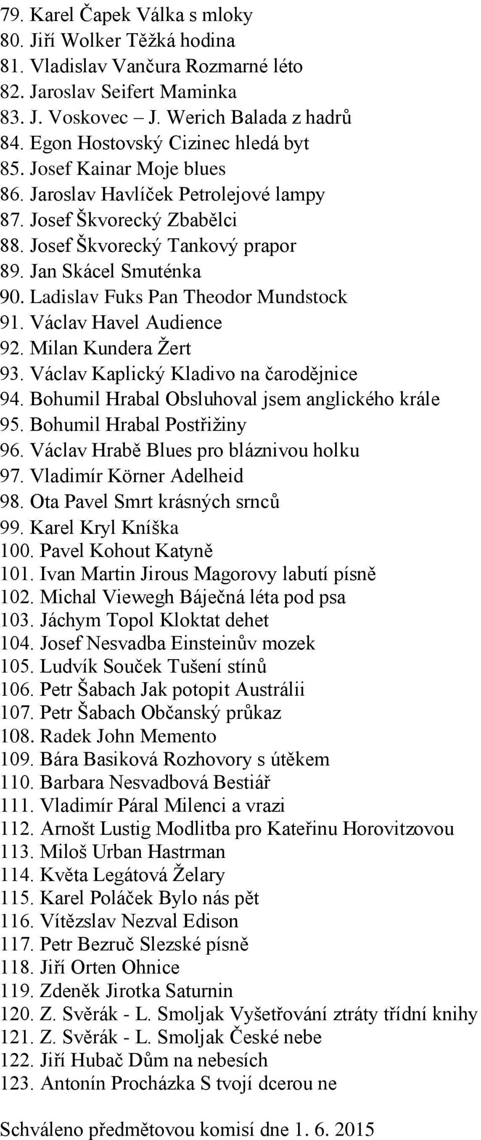 Ladislav Fuks Pan Theodor Mundstock 91. Václav Havel Audience 92. Milan Kundera Žert 93. Václav Kaplický Kladivo na čarodějnice 94. Bohumil Hrabal Obsluhoval jsem anglického krále 95.