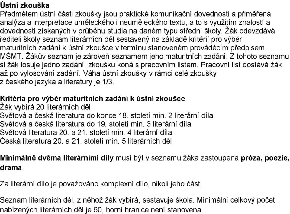 Žák odevzdává řediteli školy seznam literárních děl sestavený na základě kritérií pro výběr maturitních zadání k ústní zkoušce v termínu stanoveném prováděcím předpisem MŠMT.