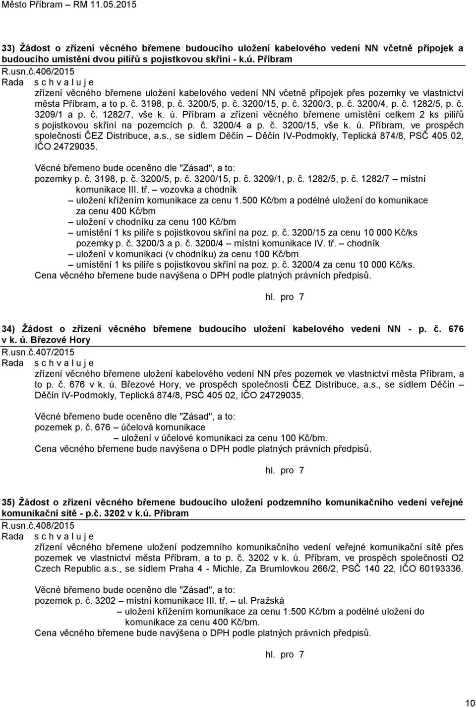 406/2015 zřízení věcného břemene uložení kabelového vedení NN včetně přípojek přes pozemky ve vlastnictví města Příbram, a to p. č. 3198, p. č. 3200/5, p. č. 3200/15, p. č. 3200/3, p. č. 3200/4, p. č. 1282/5, p.