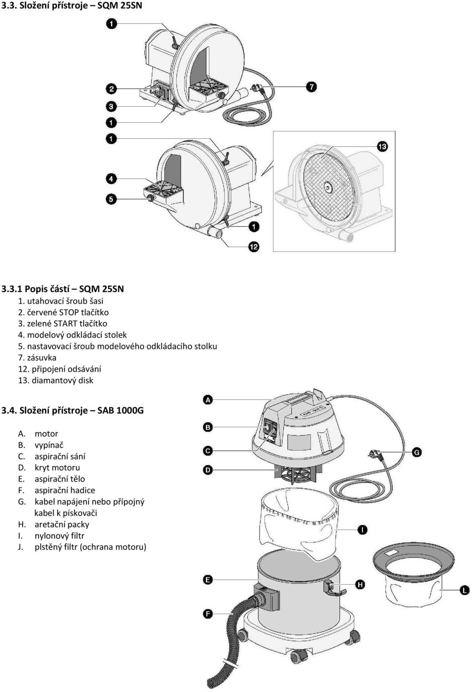 připojení odsávání 13. diamantový disk 3.4. Složení přístroje SAB 1000G A. motor B. vypínač C. aspirační sání D. kryt motoru E.