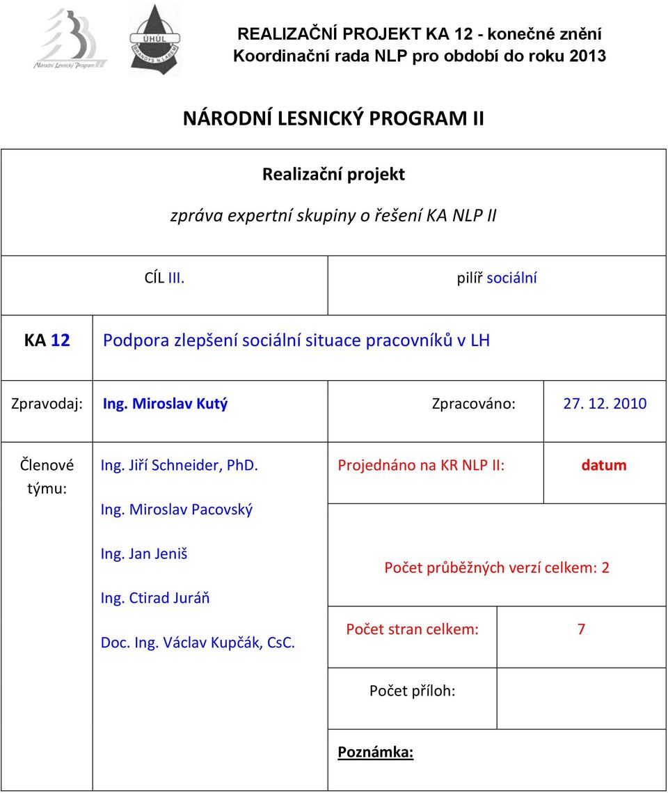 Miroslav Kutý Zpracováno: 27. 12. 2010 Členové týmu: Ing. Jiří Schneider, PhD. Ing. Miroslav Pacovský Projednáno na KR NLP II: datum Ing.