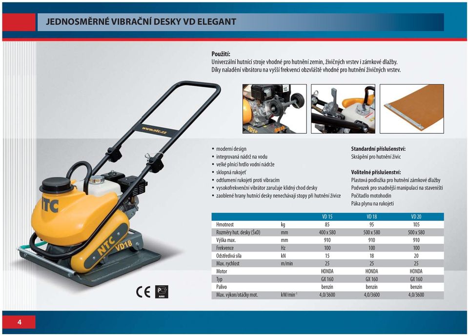 moderní design integrovaná nádrž na vodu velké plnící hrdlo vodní nádrže sklopná rukojeť odtlumení rukojeti proti vibracím vysokofrekvenční vibrátor zaručuje klidný chod desky zaoblené hrany hutnící