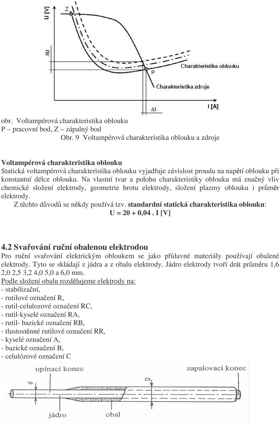 oblouku. Na vlastní tvar a polohu charakteristiky oblouku má znaný vliv chemické složení elektrody, geometrie hrotu elektrody, složení plazmy oblouku i prmr elektrody.