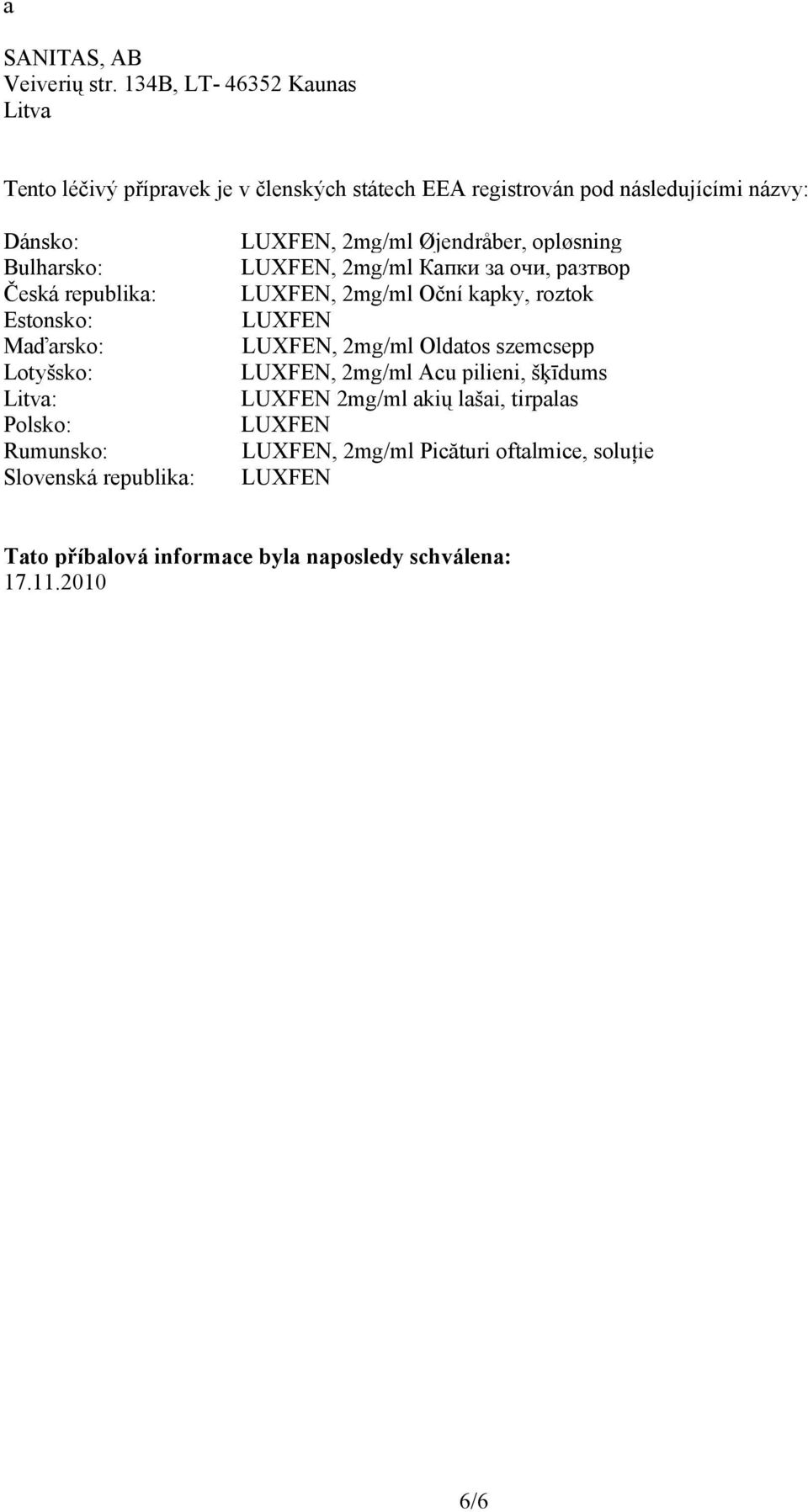 Øjendråber, opløsning Bulharsko: LUXFEN, 2mg/ml Капки за очи, разтвор Česká republika: LUXFEN, 2mg/ml Oční kapky, roztok Estonsko: LUXFEN Maďarsko: