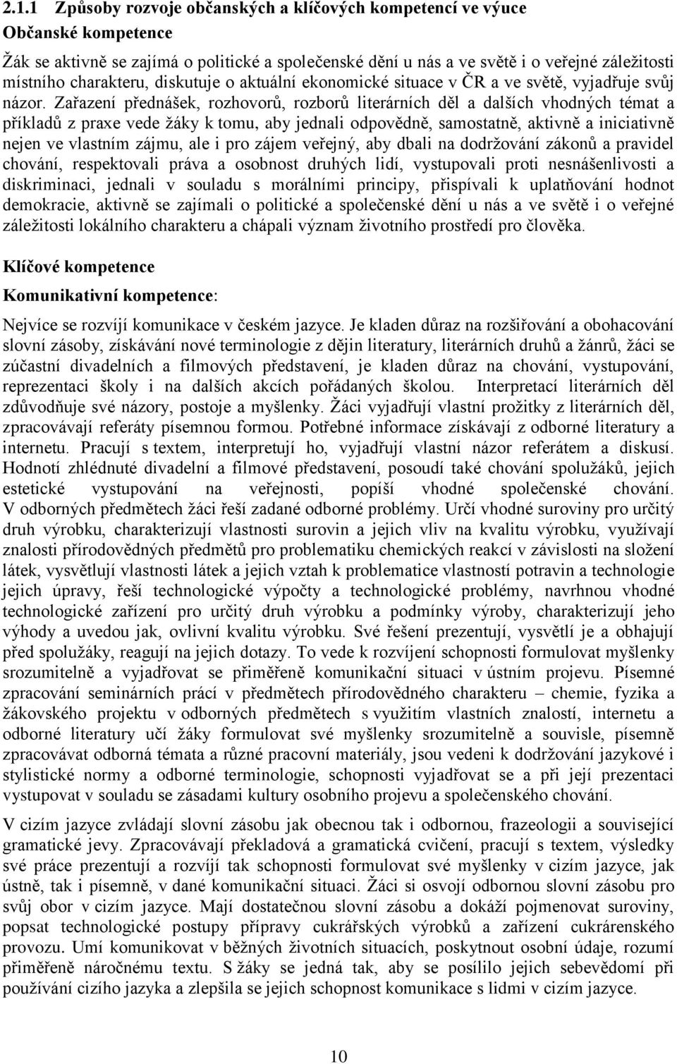 Zařazení přednášek, rozhovorů, rozborů literárních děl a dalších vhodných témat a příkladů z praxe vede žáky k tomu, aby jednali odpovědně, samostatně, aktivně a iniciativně nejen ve vlastním zájmu,