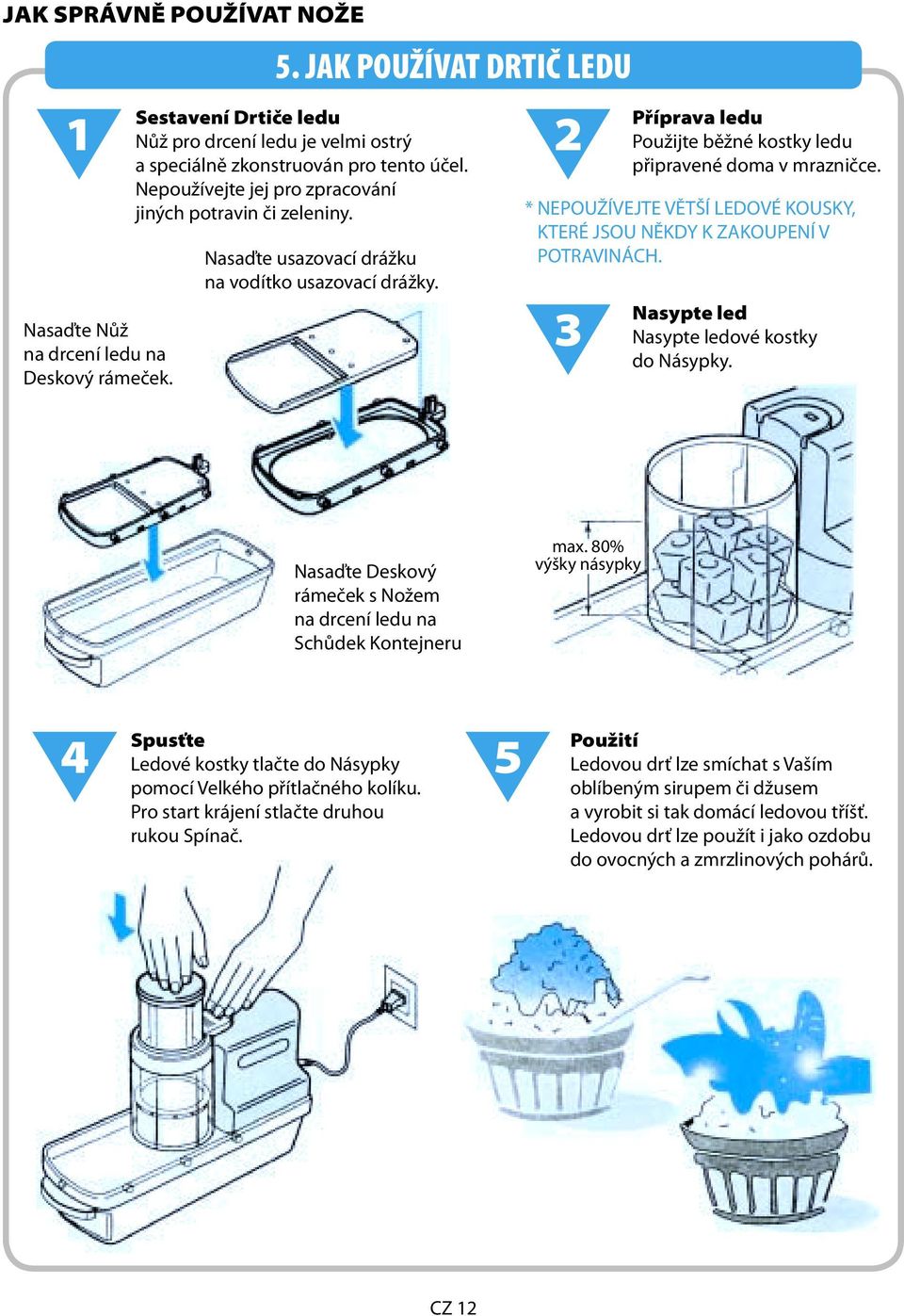 3 Příprava ledu Použijte běžné kostky ledu připravené doma v mrazničce. * NEPOUŽÍVEJTE VĚTŠÍ LEDOVÉ KOUSKY, KTERÉ JSOU NĚKDY K ZAKOUPENÍ V POTRAVINÁCH. Nasypte led Nasypte ledové kostky do Násypky.