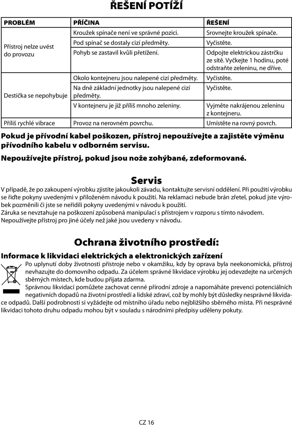 Srovnejte kroužek spínače. Vyčistěte. Odpojte elektrickou zástrčku ze sítě. Vyčkejte 1 hodinu, poté odstraňte zeleninu, ne dříve. Vyčistěte. Vyčistěte. Vyjměte nakrájenou zeleninu z kontejneru.