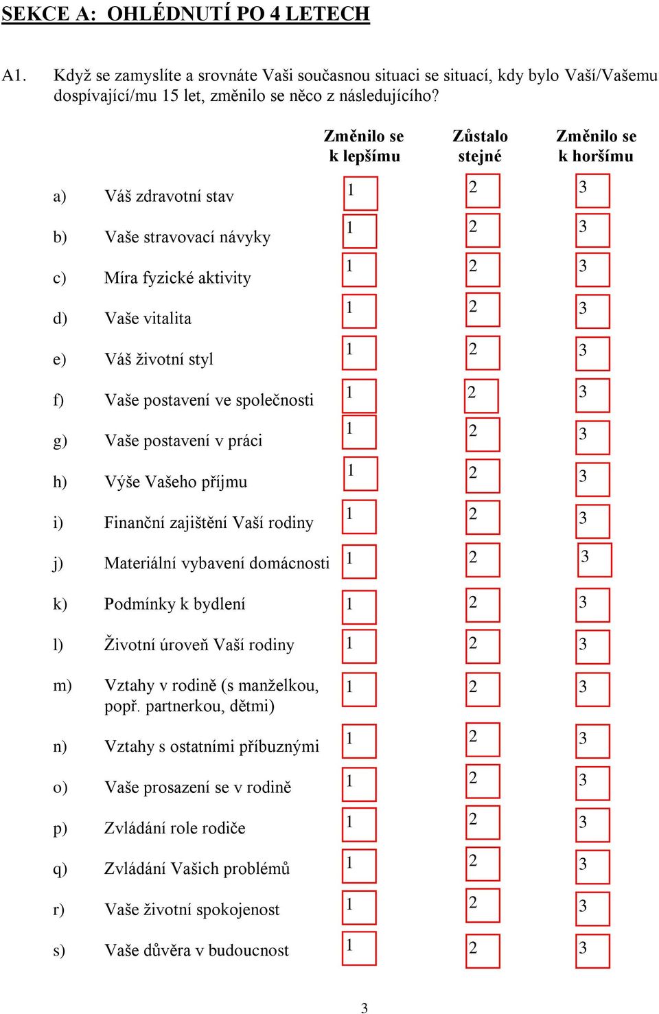 i) Finanční zajištění Vaší rodiny Změnilo se Zůstalo Změnilo se k lepšímu stejné k horšímu j) Materiální vybavení domácnosti k) Podmínky k bydlení l) Životní úroveň Vaší rodiny m) Vztahy v