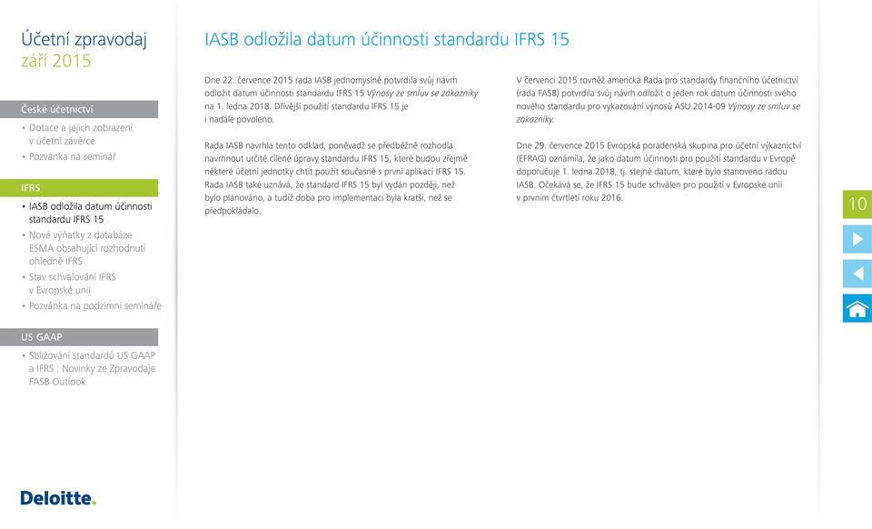 července 2015 rada IASB jednomyslně potvrdila svůj návrh odložit datum účinnosti standardu IFRS 15 Výnosy ze smluv se zákazníky na 1. ledna 2018.