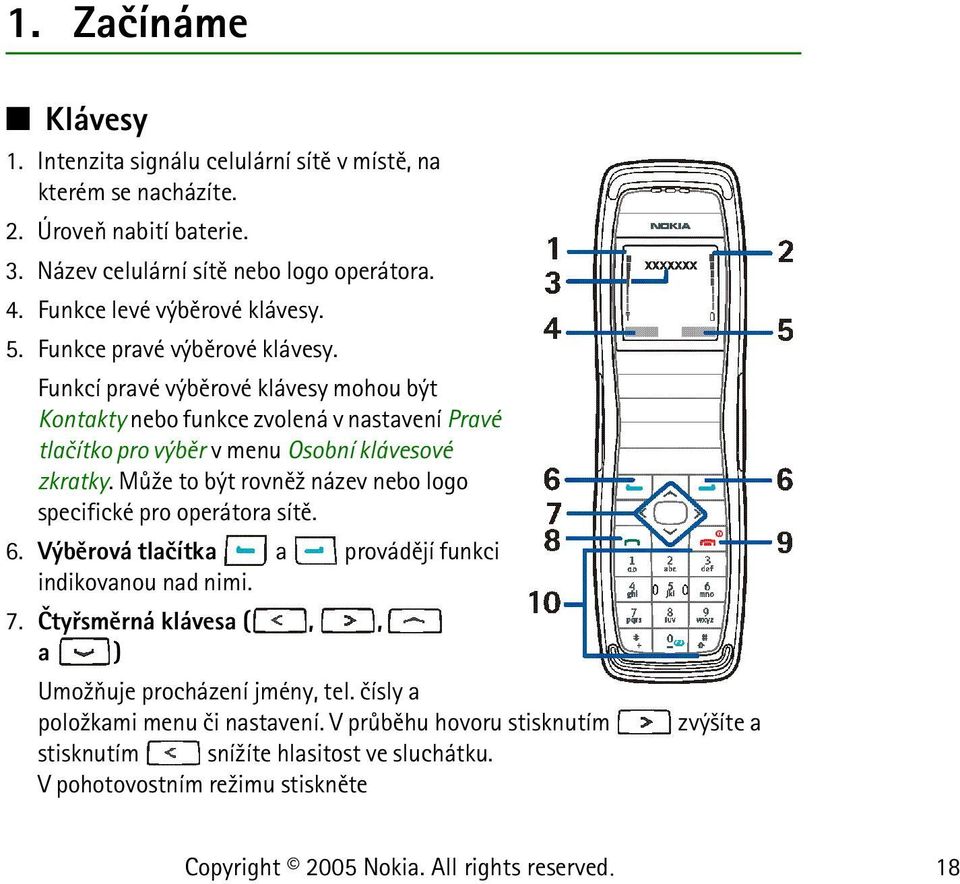 Funkcí pravé výbìrové klávesy mohou být Kontakty nebo funkce zvolená v nastavení Pravé tlaèítko pro výbìr v menu Osobní klávesové zkratky.