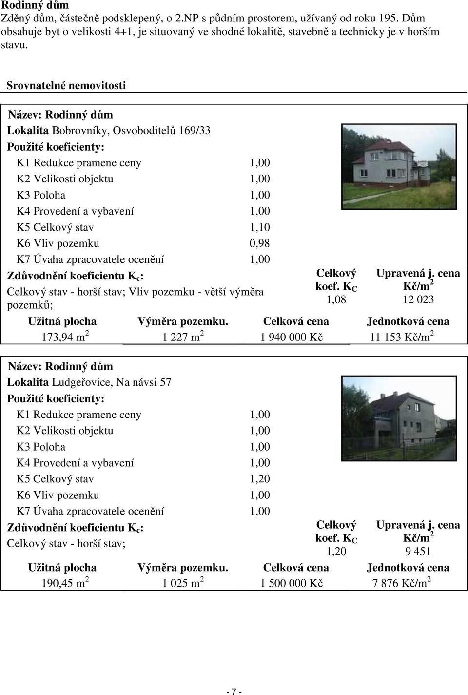 1,00 K5 Celkový stav 1,10 K6 Vliv pozemku 0,98 K7 Úvaha zpracovatele ocenění 1,00 Zdůvodnění koeficientu K c : Celkový stav - horší stav; Vliv pozemku - větší výměra pozemků; Celkový koef.