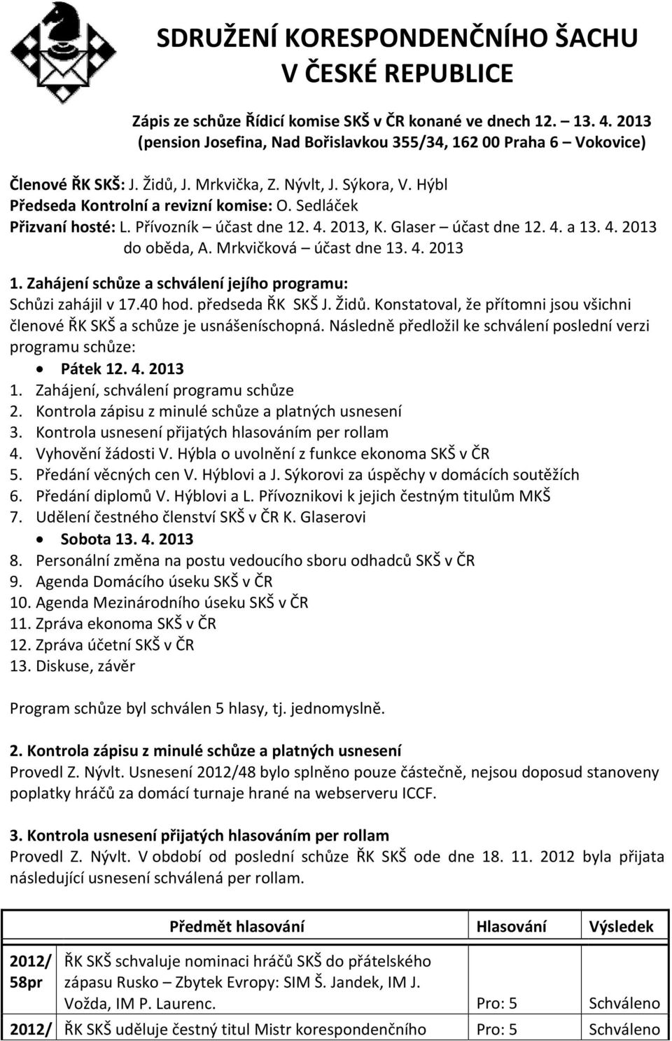 Sedláček Přizvaní hosté: L. Přívozník účast dne 12. 4. 2013, K. Glaser účast dne 12. 4. a 13. 4. 2013 do oběda, A. Mrkvičková účast dne 13. 4. 2013 1.