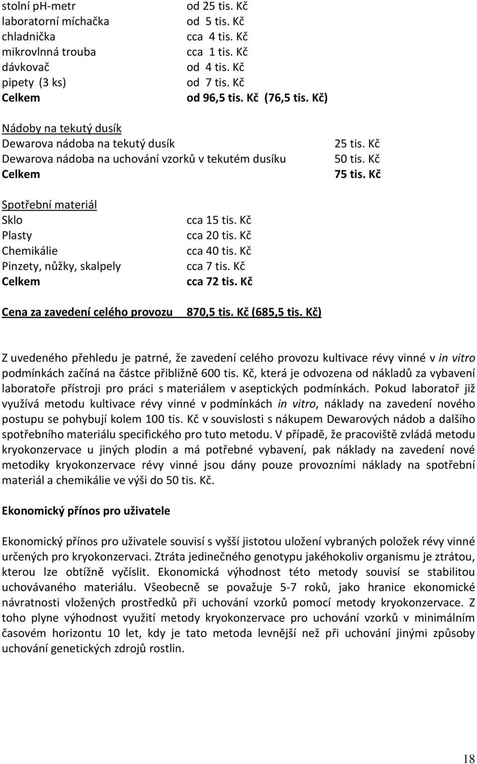 Kč Spotřební materiál Sklo Plasty Chemikálie Pinzety, nůžky, skalpely Celkem Cena za zavedení celého provozu cca 15 tis. Kč cca 20 tis. Kč cca 40 tis. Kč cca 7 tis. Kč cca 72 tis. Kč 870,5 tis.