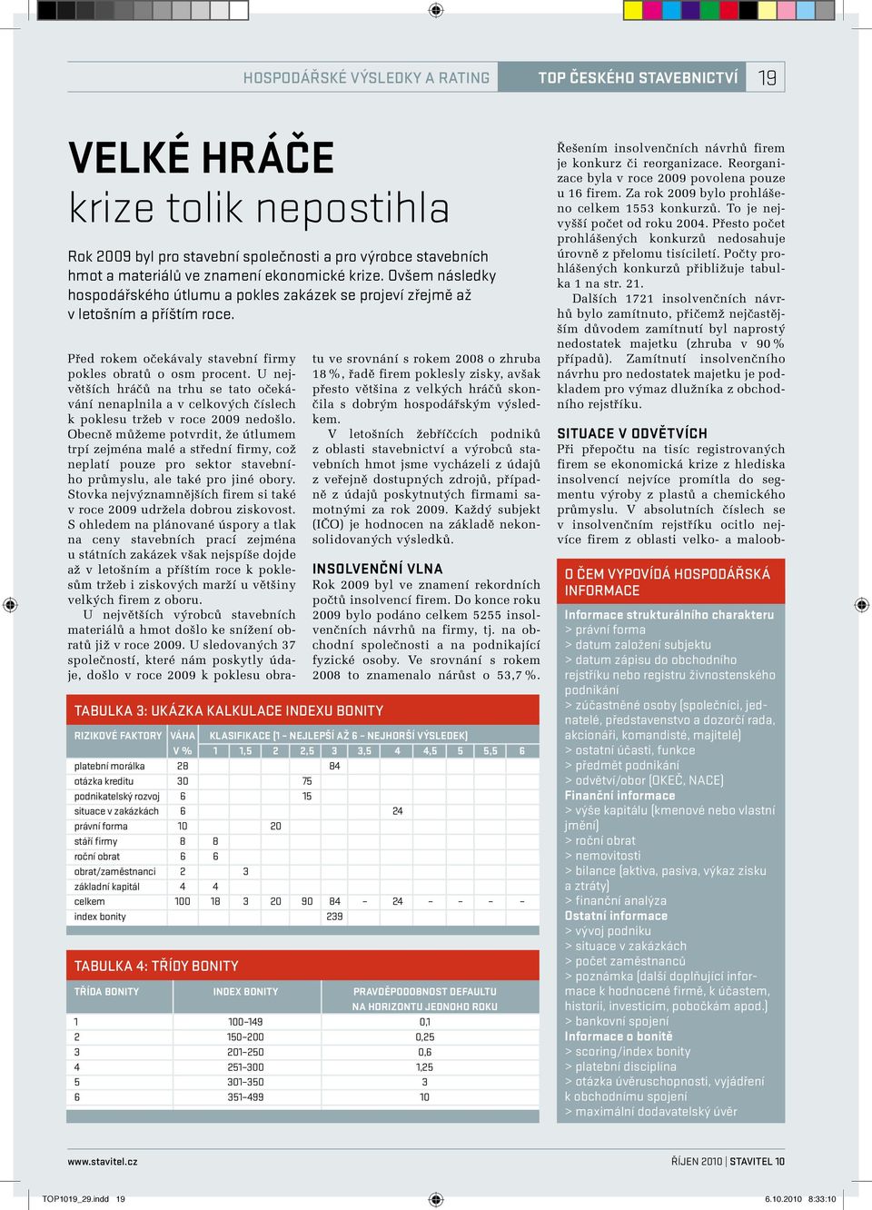 V absolutních číslech se v insolvenčním rejstříku ocitlo nejvíce firem zoblasti velko- amaloobvelké hráče krize tolik nepostihla Rok 2009 byl pro stavební společnosti a pro výrobce stavebních hmot