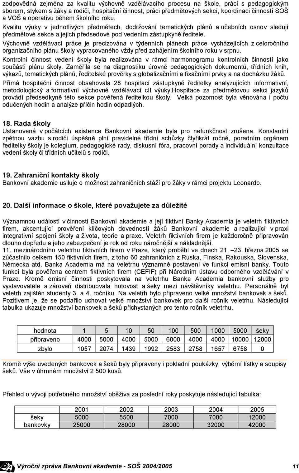 Výchovně vzdělávací práce je precizována v týdenních plánech práce vycházejících z celoročního organizačního plánu školy vypracovaného vždy před zahájením školního roku v srpnu.