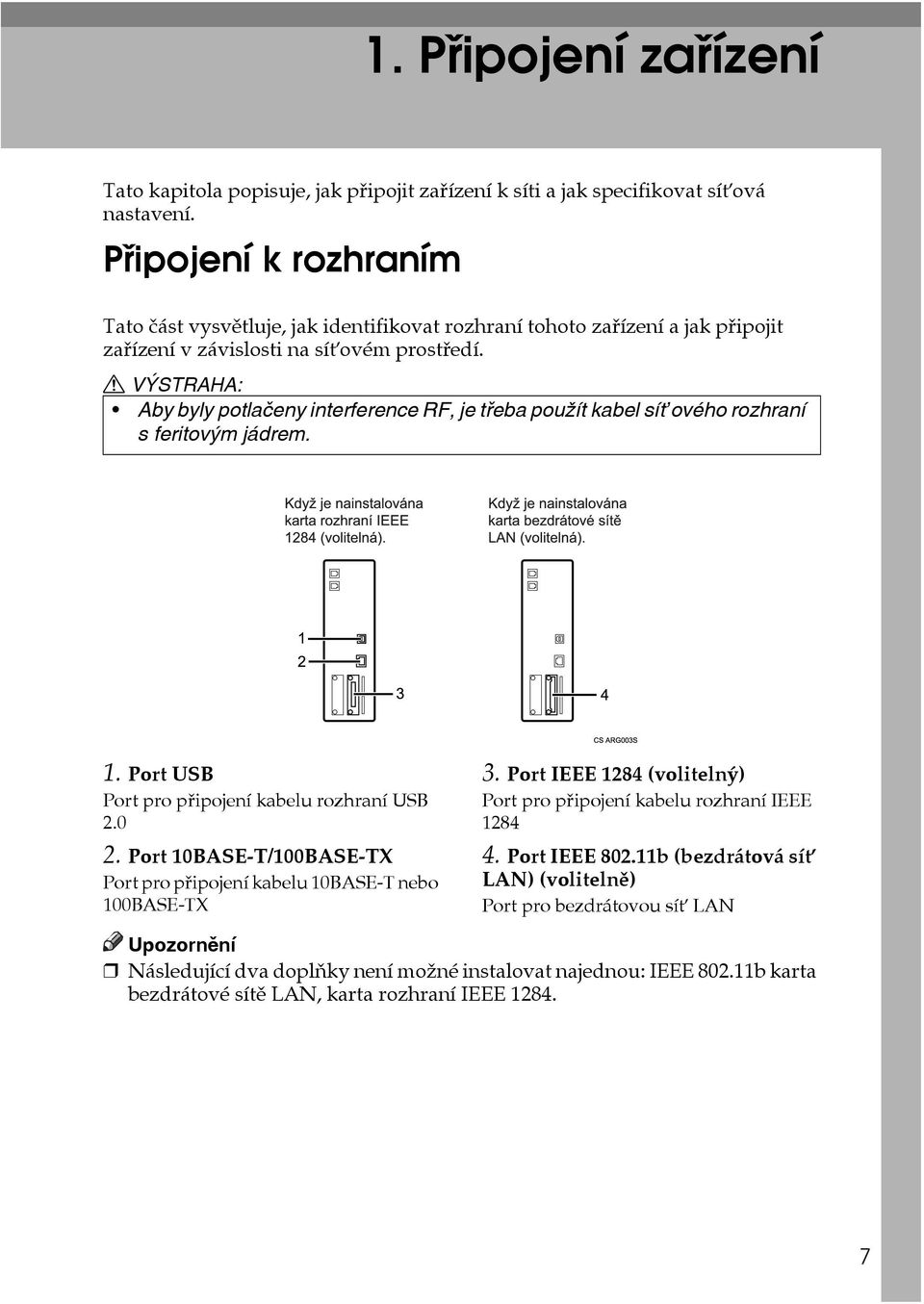 R VÎSTRAHA: Aby byly potlaèeny interference RF, je tøeba pouôít kabel síëového rozhraní s feritovîm jádrem. 1. Port USB Port pro pøipojení kabelu rozhraní USB 2.0 2.