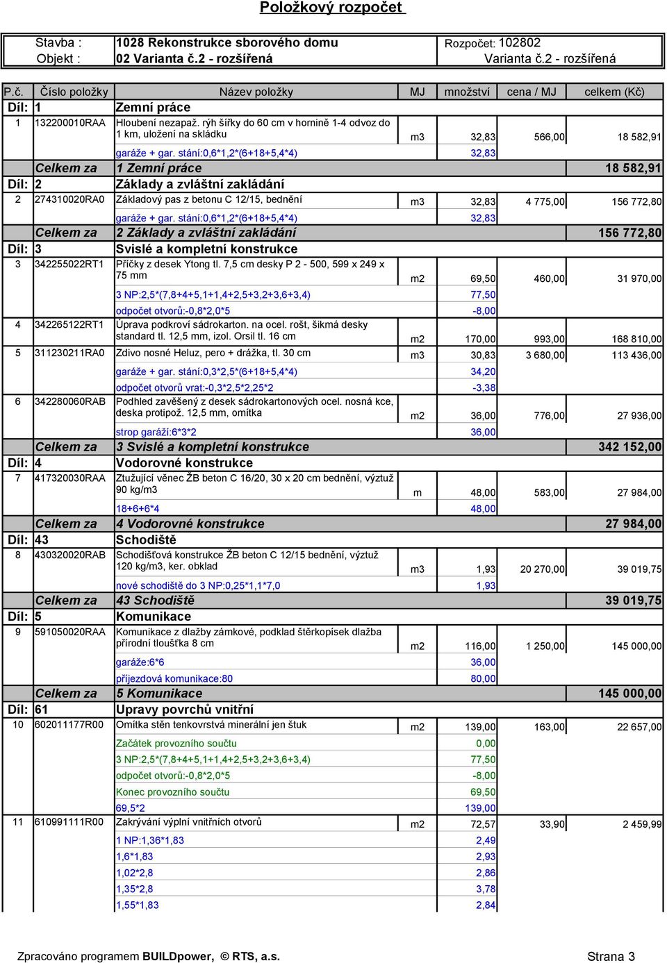 stání:,6*1,2*(6+18+5,4*4) 32,83 2 Základy a zvláštní zakládání 156 772,8 Svislé a kompletní konstrukce Příčky z desek Ytong tl.