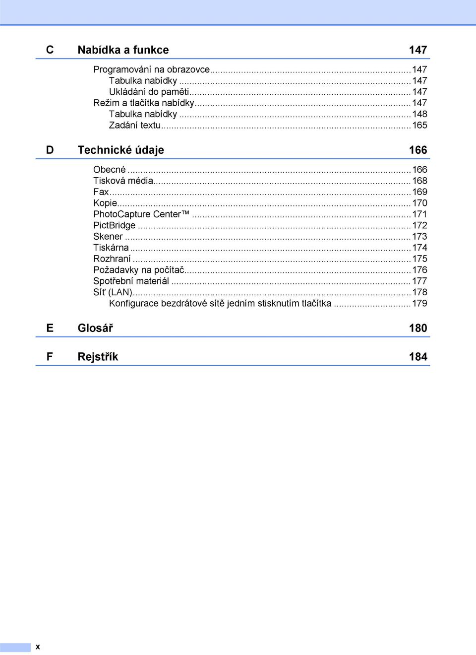 ..166 Tisková média...168 Fax...169 Kopie...170 PhotoCapture Center...171 PictBridge...172 Skener...173 Tiskárna.