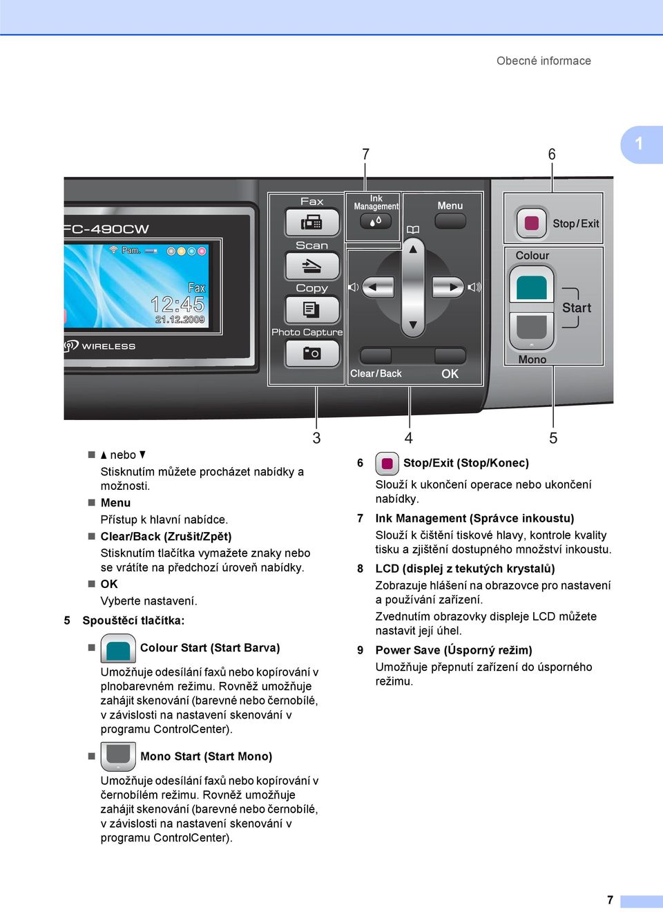 5 Spouštěcí tlačítka: Colour Start (Start Barva) Umožňuje odesílání faxů nebo kopírování v plnobarevném režimu.
