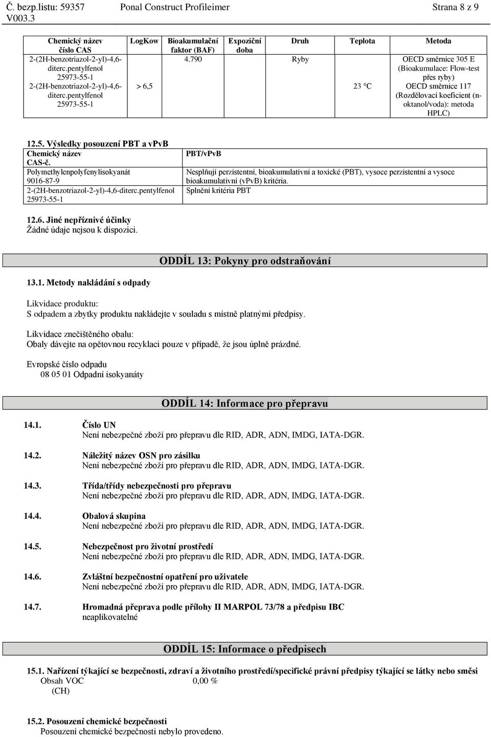 Polymethylenpolyfenylisokyanát PBT/vPvB Nesplňují perzistentní, bioakumulativní a toxické (PBT), vysoce perzistentní a vysoce bioakumulativní (vpvb) kritéria. Splnění kritéria PBT 12.6.