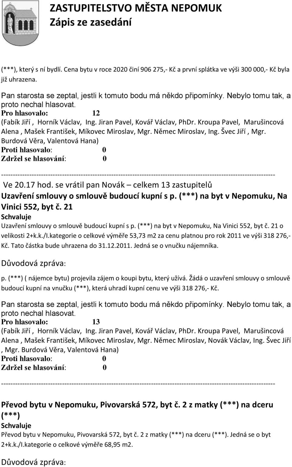 (***) na byt v Nepomuku, Na Vinici 552, byt č. 21 Uzavření smlouvy o smlouvě budoucí kupní s p. (***) na byt v Nepomuku, Na Vinici 552, byt č. 21 o velikosti 2+k.k./I.