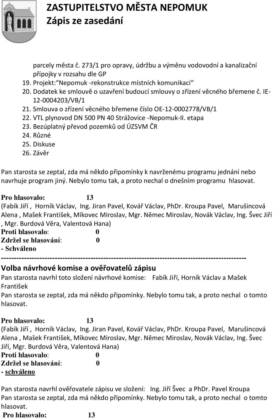 VTL plynovod DN 500 PN 40 Strážovice -Nepomuk-II. etapa 23. Bezúplatný převod pozemků od ÚZSVM ČR 24. Různé 25. Diskuse 26.