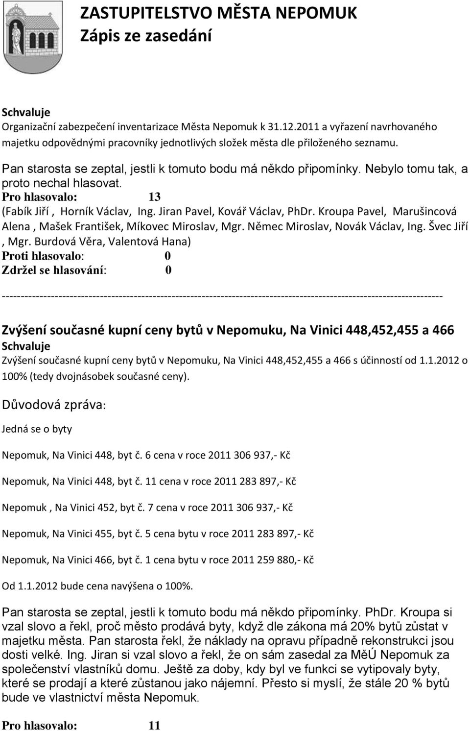 Burdová Věra, Valentová Hana) Zvýšení současné kupní ceny bytů v Nepomuku, Na Vinici 448,452,455 a 466 Zvýšení současné kupní ceny bytů v Nepomuku, Na Vinici 448,452,455 a 466 s účinností od 1.