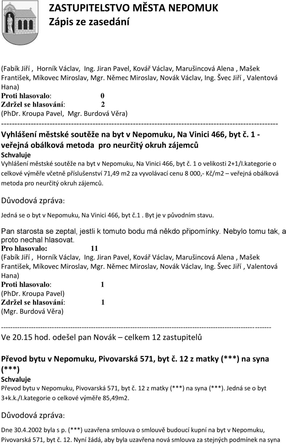 Burdová Věra) ------------------------------------------------------------------------------------------------------- Vyhlášení městské soutěže na byt v Nepomuku, Na Vinici 466, byt č.