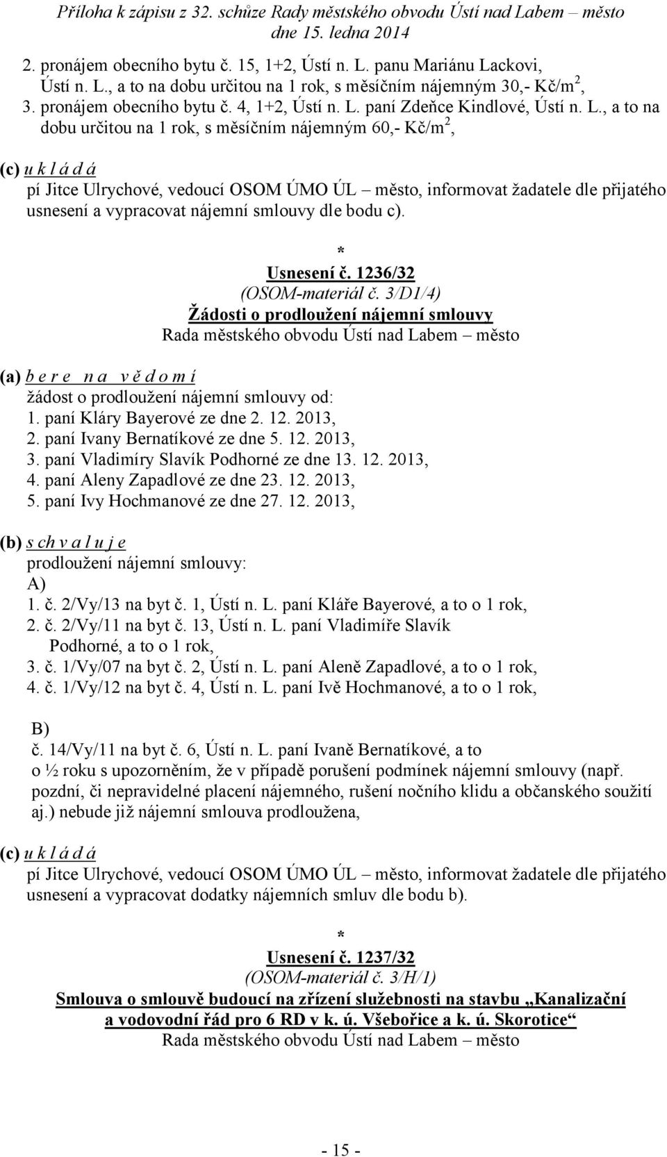 c). Usnesení č. 1236/32 (OSOM-materiál č. 3/D1/4) Žádosti o prodloužení ní smlouvy (a) b e r e n a v ě d o m í žádost o prodloužení ní smlouvy od: 1. paní Kláry Bayerové ze dne 2. 12. 2013, 2.