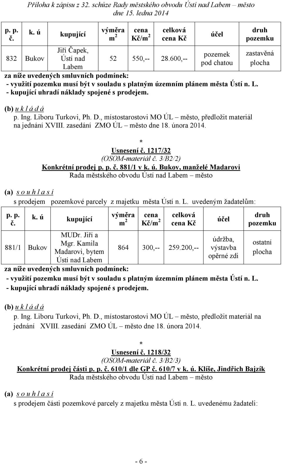 Liboru Turkovi, Ph. D., místostarostovi MO ÚL město, předložit materiál na jednání XVIII. zasedání ZMO ÚL město dne 18. února 2014. Usnesení č. 1217/32 (OSOM-materiál č. 3/B2/2) Konkrétní prodej p. p. č. 881/1 v k.