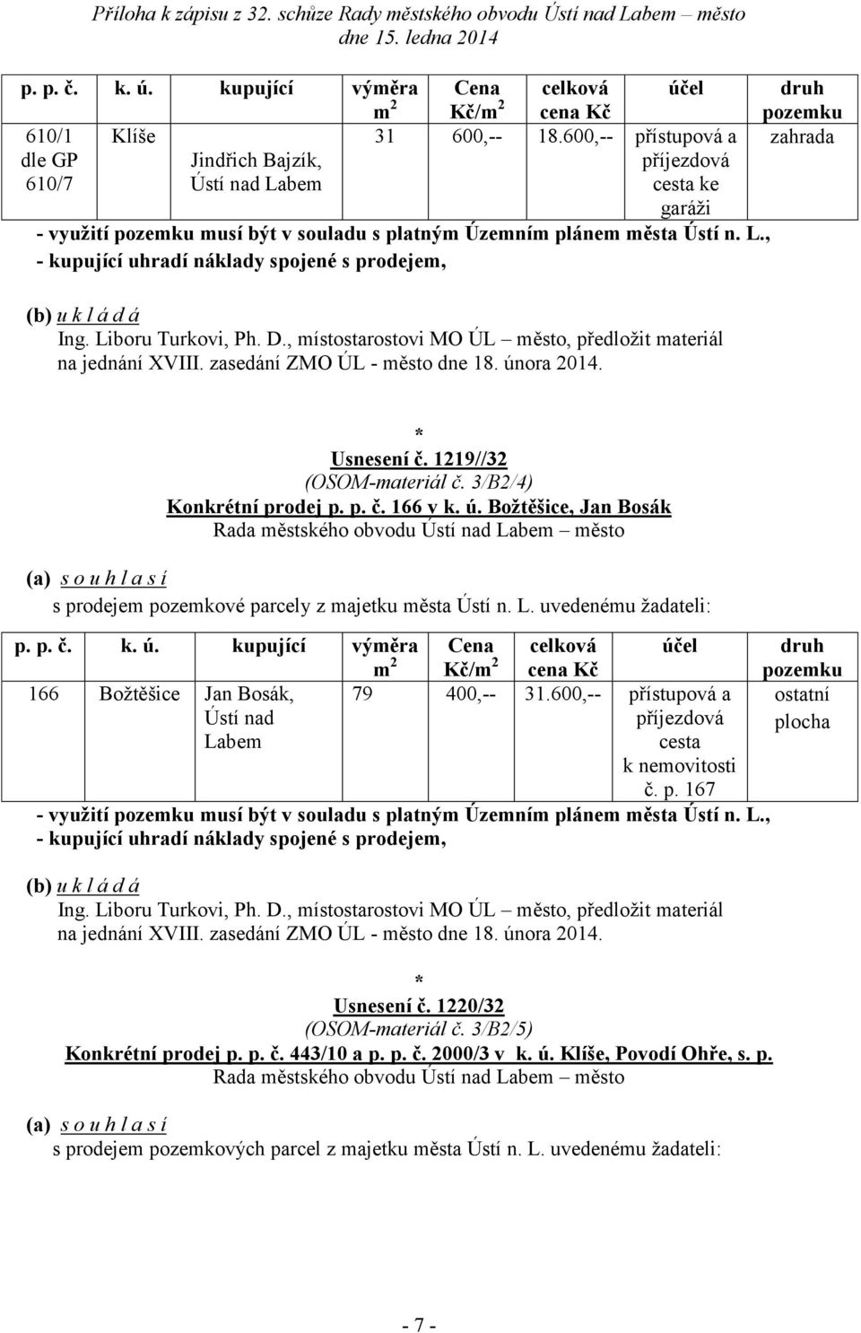 , místostarostovi MO ÚL město, předložit materiál na jednání XVIII. zasedání ZMO ÚL - město dne 18. února 2014. zahrada Usnesení č. 1219//32 (OSOM-materiál č. 3/B2/4) Konkrétní prodej p. p. č. 166 v k.