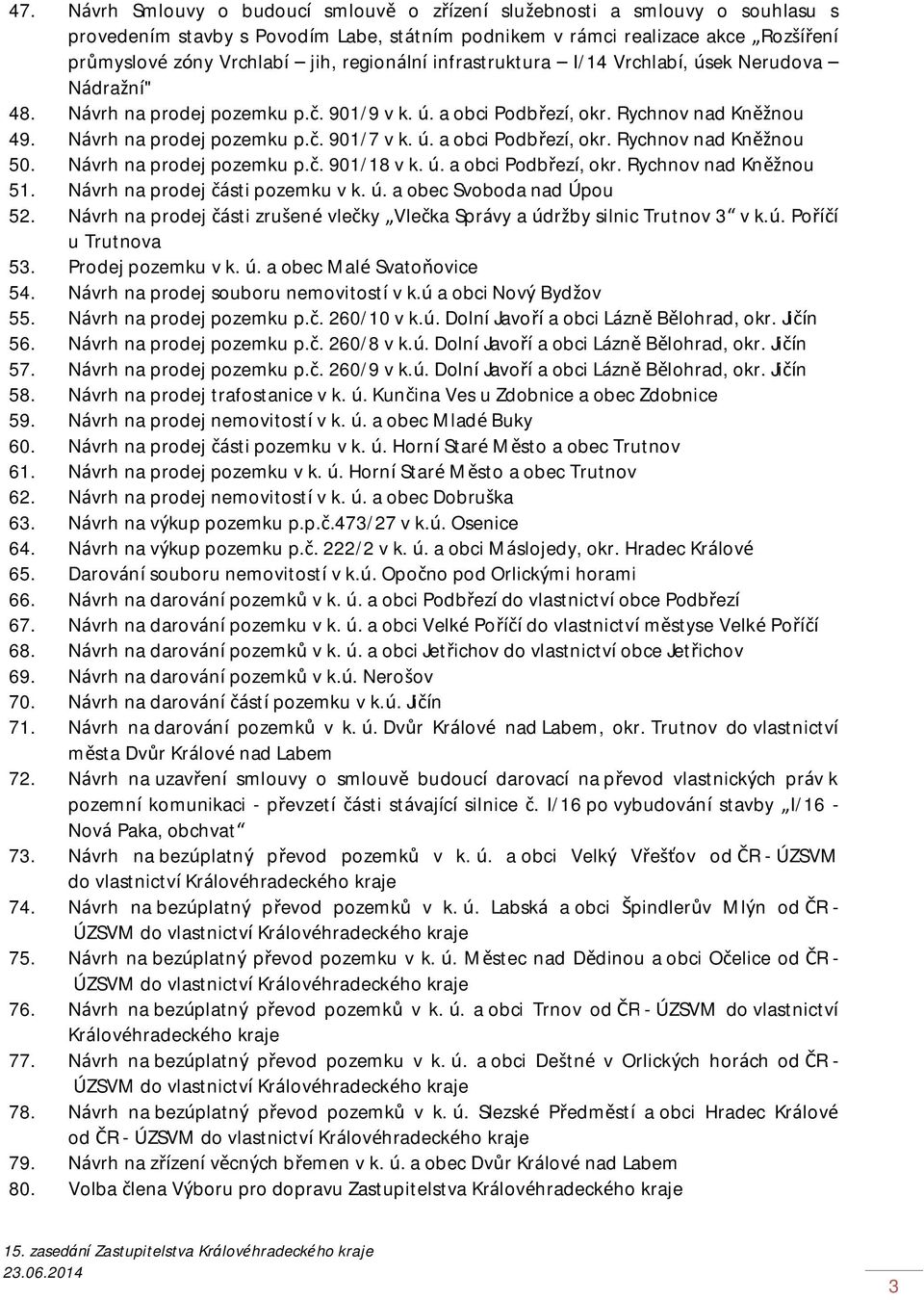 Návrh na prodej pozemku p.č. 901/18 v k. ú. a obci Podbřezí, okr. Rychnov nad Kněžnou 51. Návrh na prodej části pozemku v k. ú. a obec Svoboda nad Úpou 52.