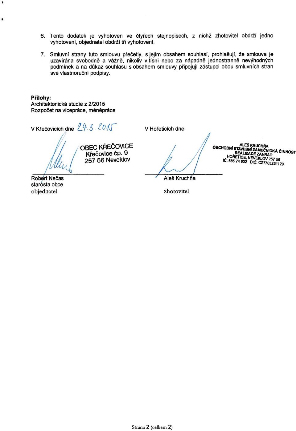 souhlasu s obsahem smlouvy připojují zástupci obou smluvních stran své vlastnoruční podpisy. Přílohy: Architektonická studie z 2/2
