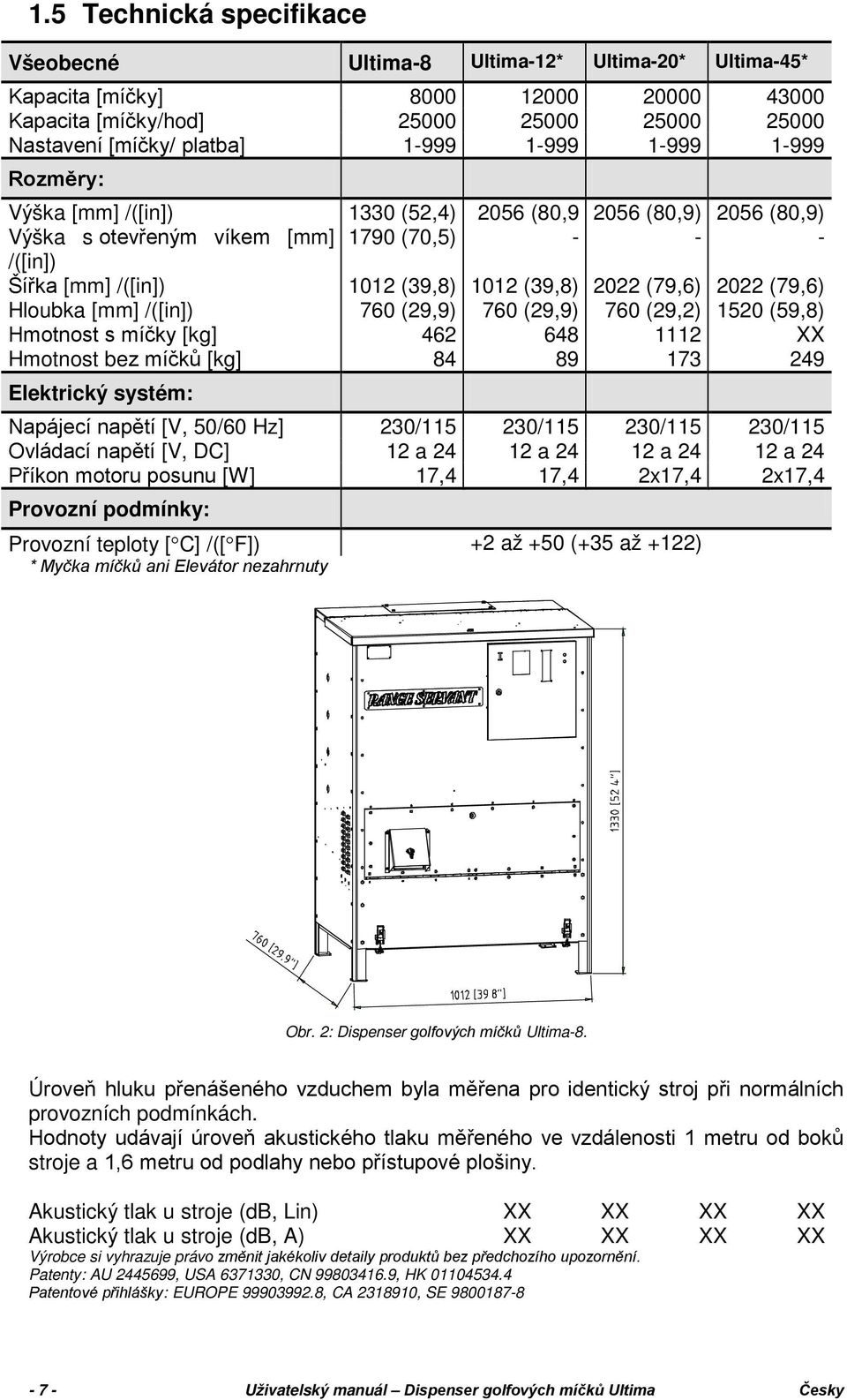 (79,6) 2022 (79,6) Hloubka [mm] /([in]) 760 (29,9) 760 (29,9) 760 (29,2) 1520 (59,8) Hmotnost s míčky [kg] 462 648 1112 XX Hmotnost bez míčků [kg] 84 89 173 249 Elektrický systém: Napájecí napětí [V,