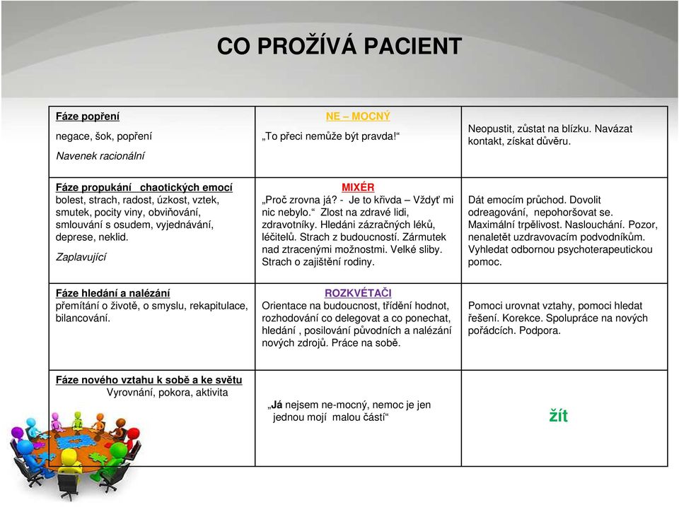 - Je to křivda Vždyť mi nic nebylo. Zlost na zdravé lidi, zdravotníky. Hledáni zázračných léků, léčitelů. Strach z budoucností. Zármutek nad ztracenými možnostmi. Velké sliby.