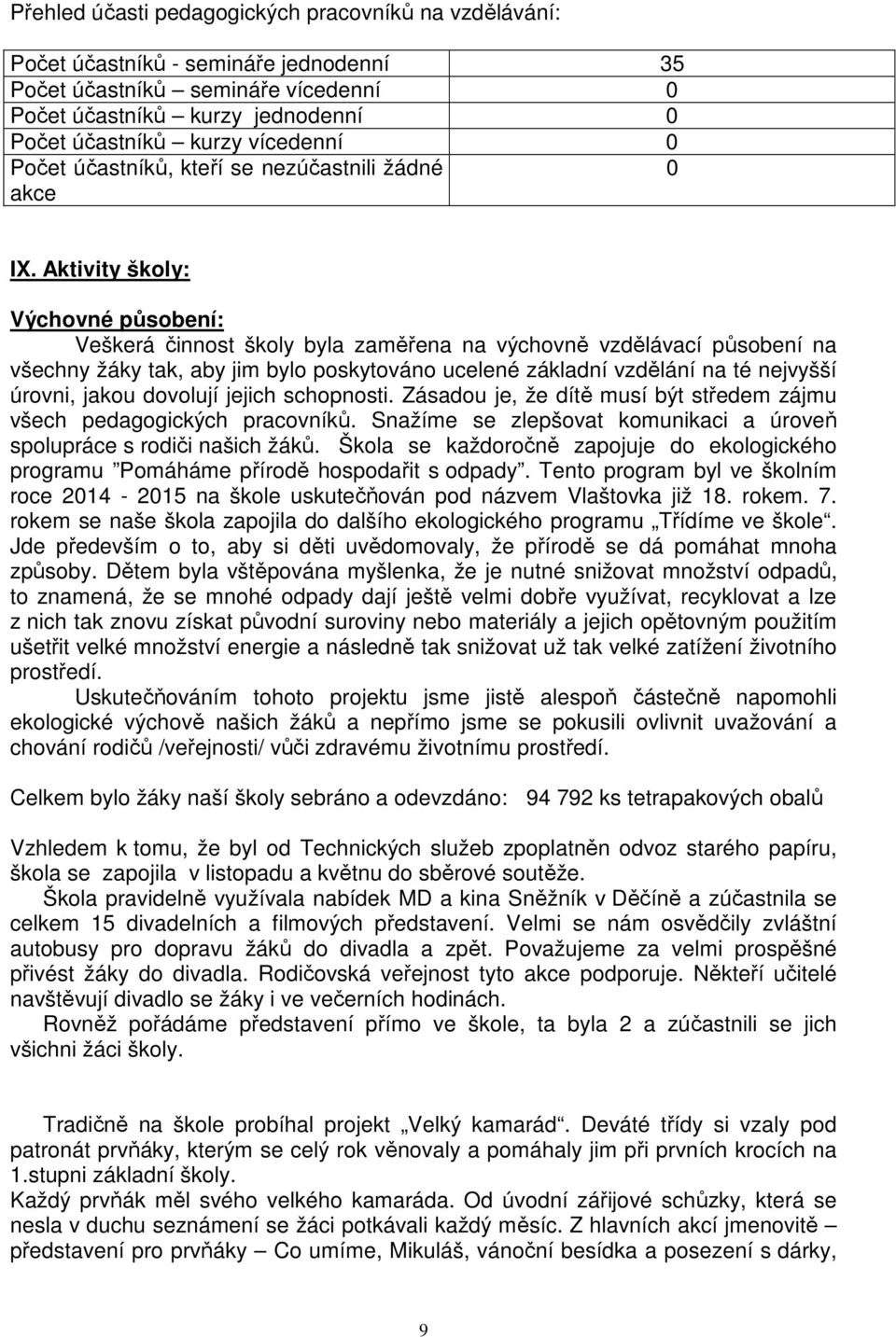 Aktivity školy: Výchovné působení: Veškerá činnost školy byla zaměřena na výchovně vzdělávací působení na všechny žáky tak, aby jim bylo poskytováno ucelené základní vzdělání na té nejvyšší úrovni,