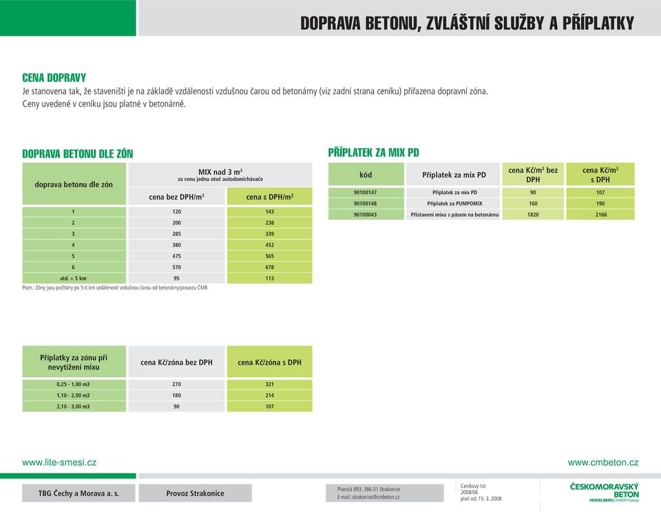 DOPRAVA BETONU DLE ZÓN doprava betonu dle zón MIX nad 3 m 3 za cenu jednu otoč autodomíchávače cena bez DPH/m 3 cena s DPH/m 3 1 120 143 2 200 238 PŘÍPLATEK ZA MIX PD kód Příplatek za mix PD cena